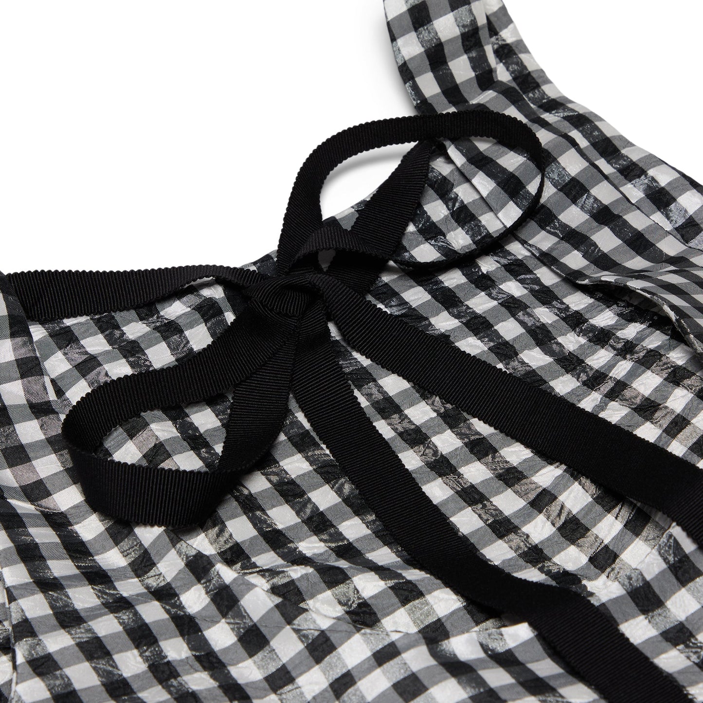 GANNI Crinkled Taffeta Check Open Back Frill Top (Black)