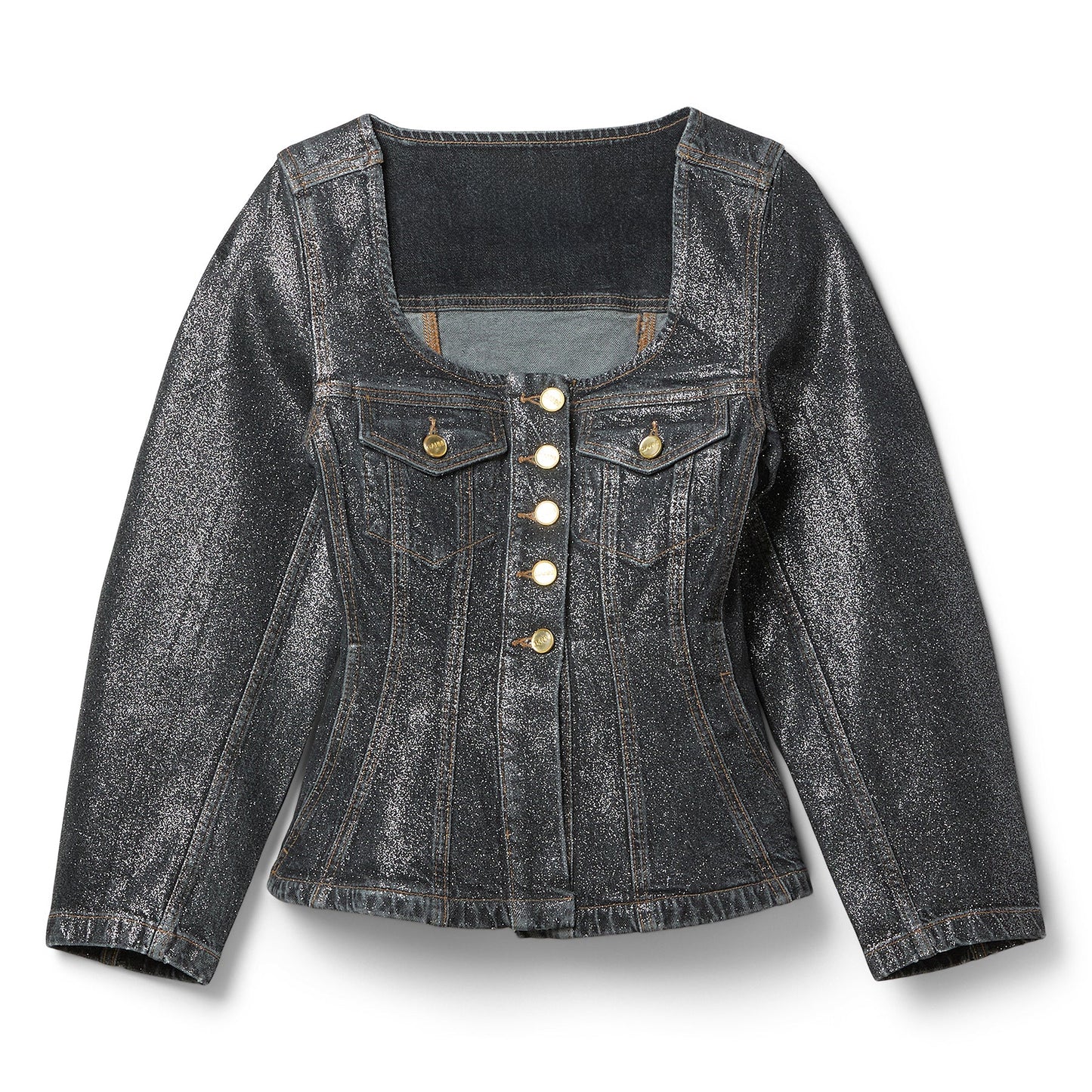 GANNI Shimmery Foil Denim Fitted Blazer (Washed Black/Black)