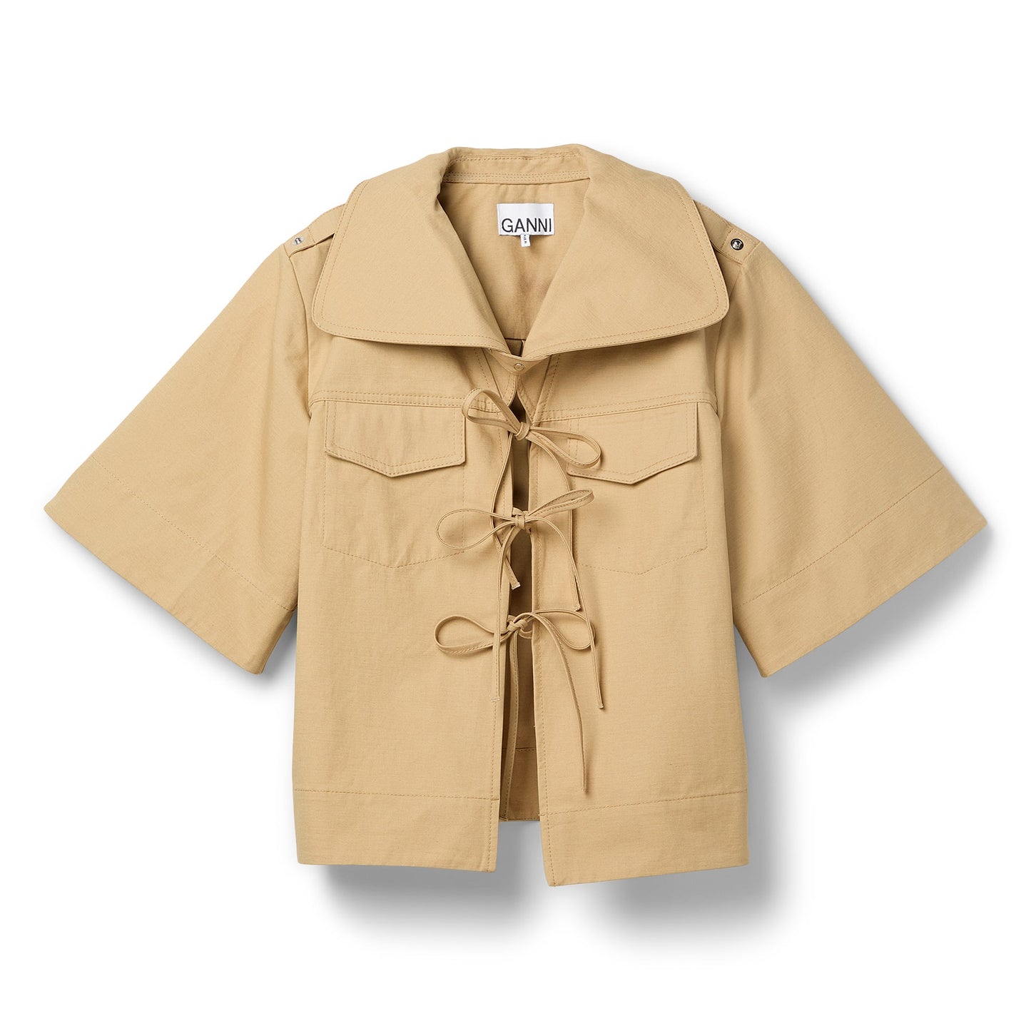 GANNI Classic Summer Suiting Cowl Neck Blouse (Pale Khaki)