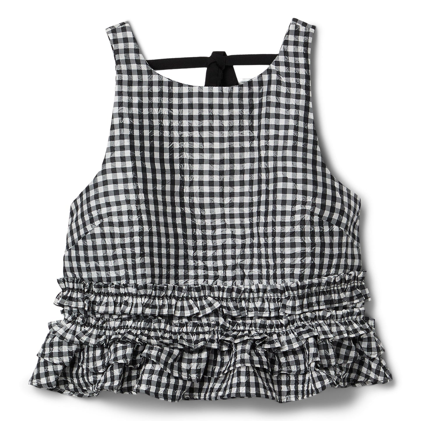 GANNI Crinkled Taffeta Check Open Back Frill Top (Black)
