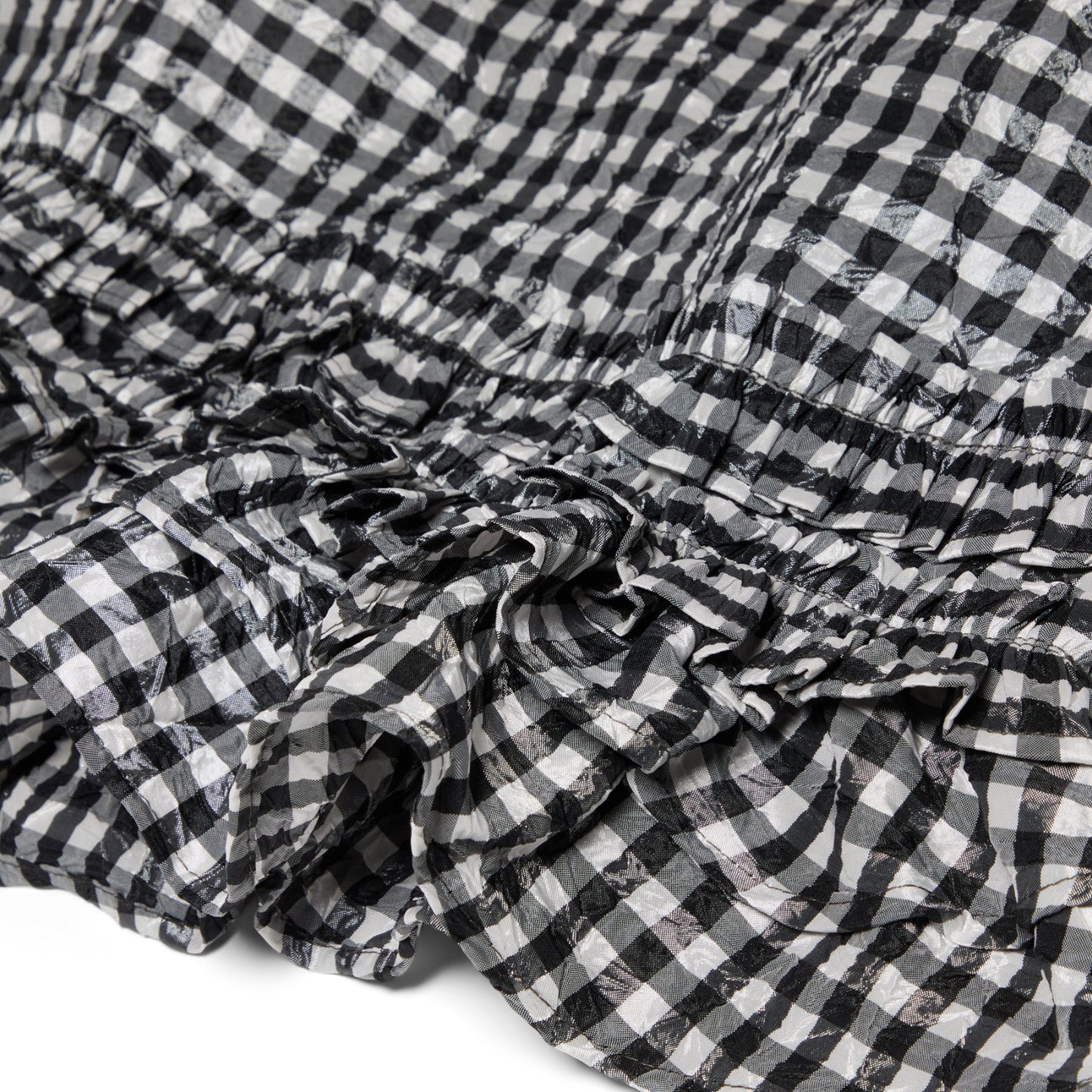 GANNI Crinkled Taffeta Check Open Back Frill Top (Black)