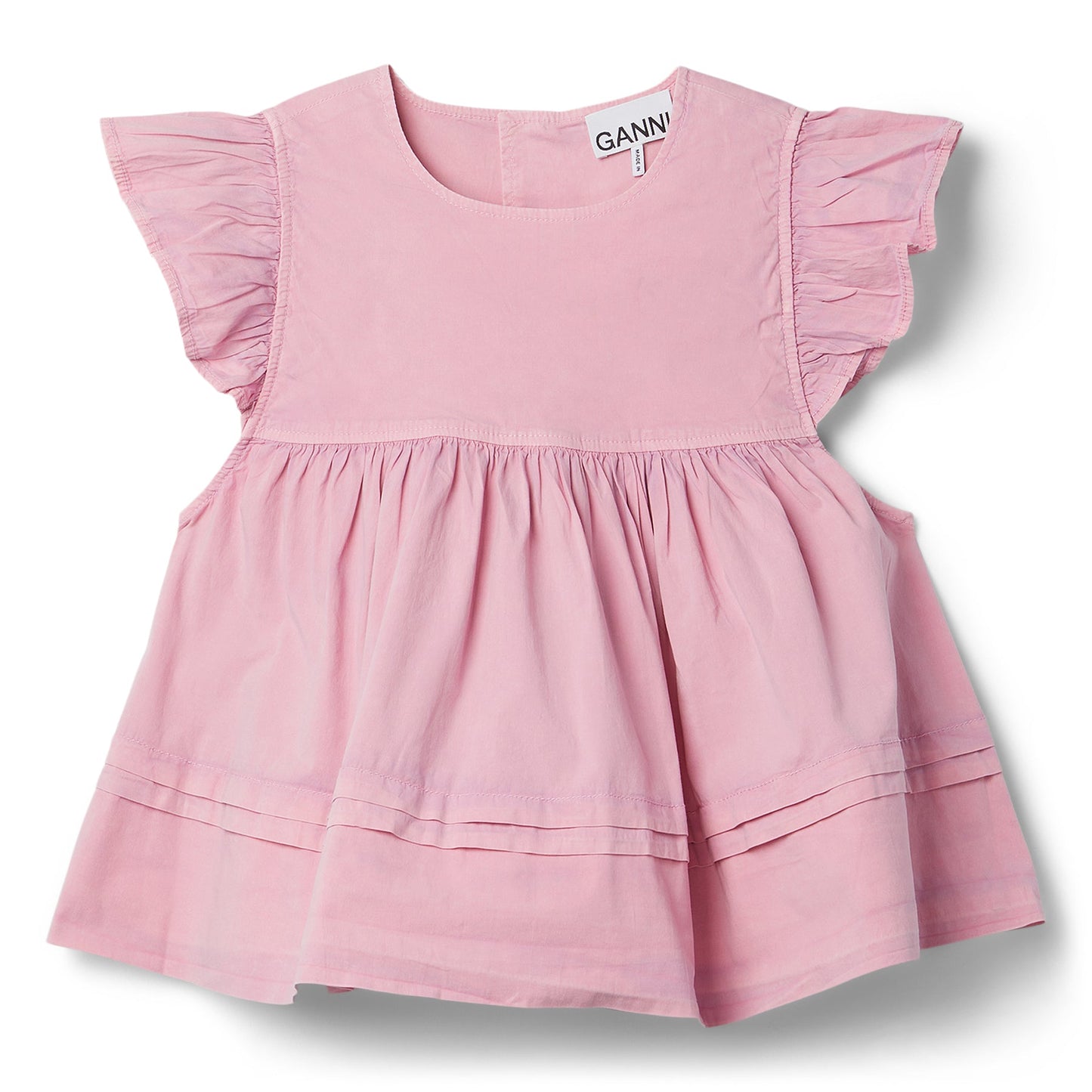 GANNI Washed Stretch Cotton Frill Sleeve Top (Bleached Mauve)